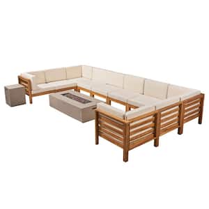 Oana Teak Brown 12-Piece Wood Patio Fire Pit Sectional Seating Set with Beige