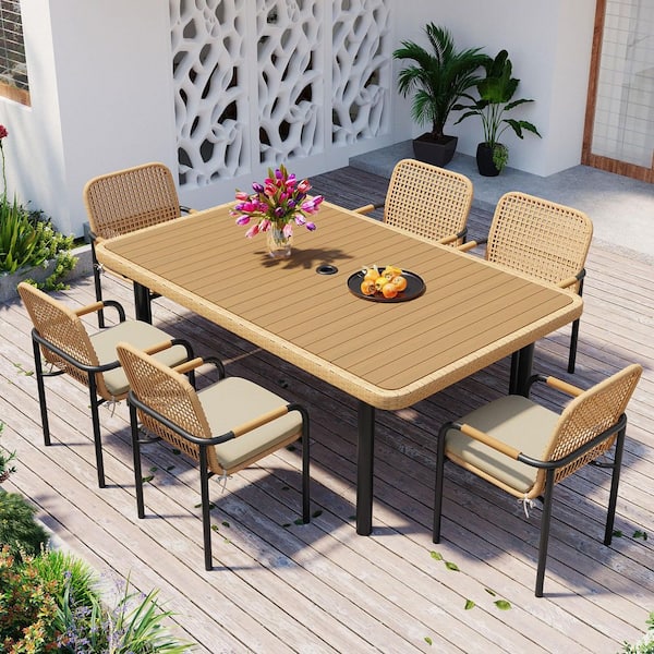 7-Piece Wicker &Metal Outdoor Dining Set with Oatmeal Cushions and Plastic-wood Table Top with Umbrella Hole