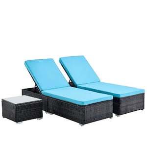 3 Pieces Brown Wicker Outdoor Patio Chaise Lounge with Blue Cushions with Elegant Reclining Adjustable Backrest