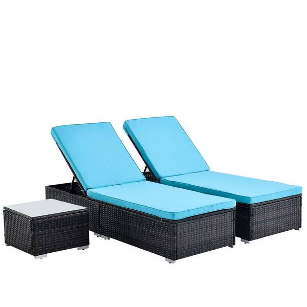 Unbranded 3 Pieces Brown Wicker Outdoor Patio Chaise Lounge with Blue Cushions with Elegant Reclining Adjustable Backrest