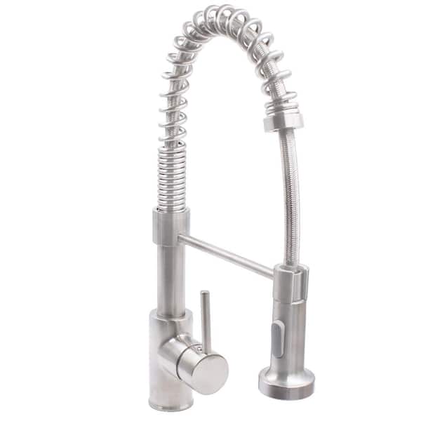 Novatto Commercial Style Single Faucet Handle Deck Mount Pull Down Sprayer Kitchen Faucet with Dual Action in Brushed Nickel