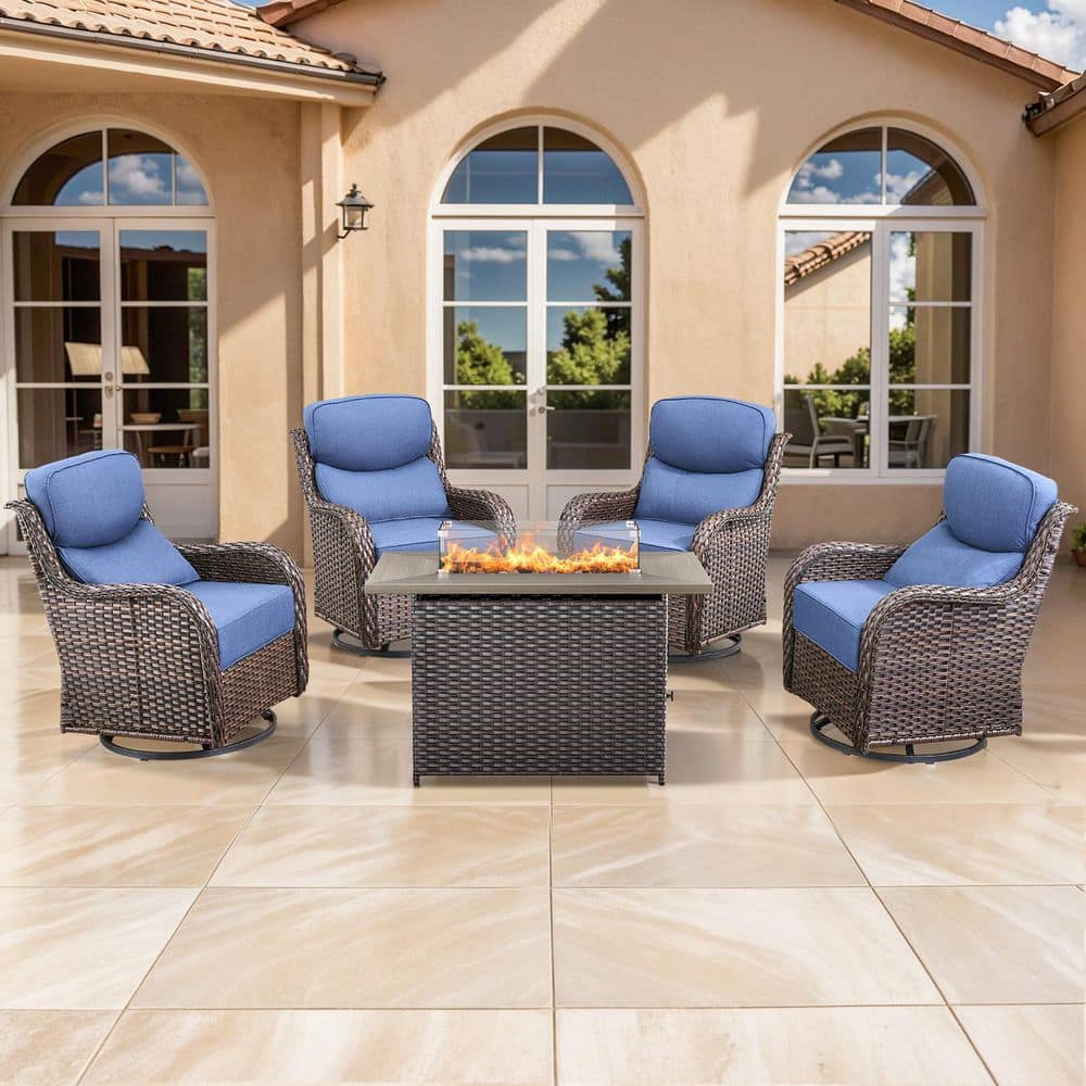 NovaSwivel 5-Piece Brown Wicker Patio Conversation Set Outdoor Fire Pit with 6 in. Blue Cushions and Swivel Gliders price history on PriceWatchPro