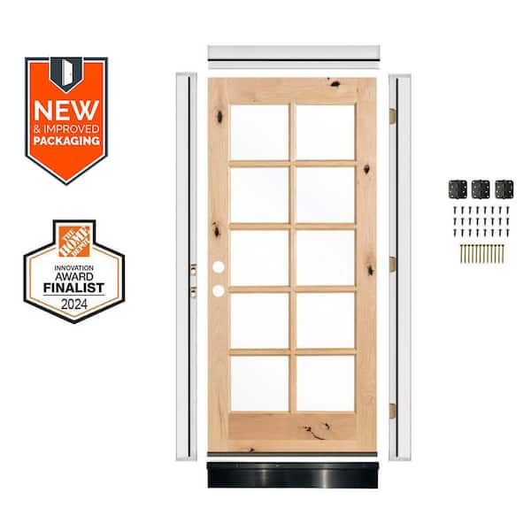 Krosswood Doors DIY 32 in. x 80 in. Knotty Alder Right-Hand 10-Lite Clear Glass Unfinished Wood Front Door Kit w/ Quick Assemble Jamb
