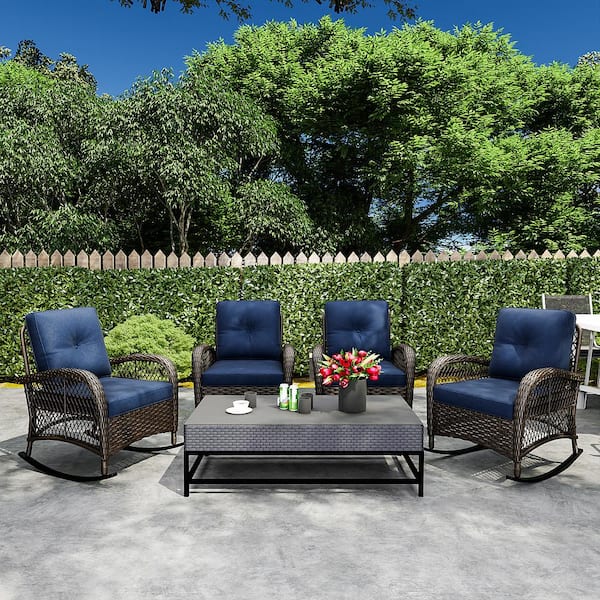 INMITOM 4-Pack Wicker Outdoor Rocking Chair Lounge Chair Patio with Blue Cushion