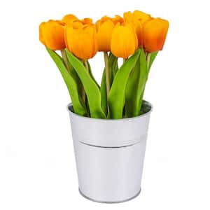 9 in. Artificial Floral Arrangements Tulips in Metal Pot- Color: Orange