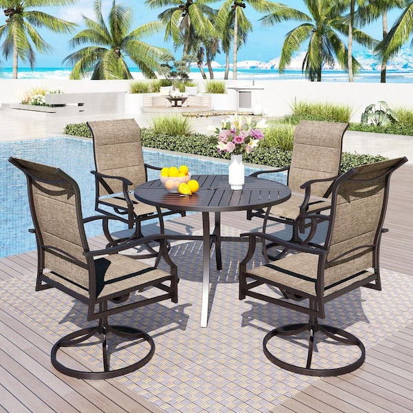 PHI VILLA 5-Piece Metal Patio Outdoor Dining Set with Round Table and Padded Texitilene Swivel Chairs