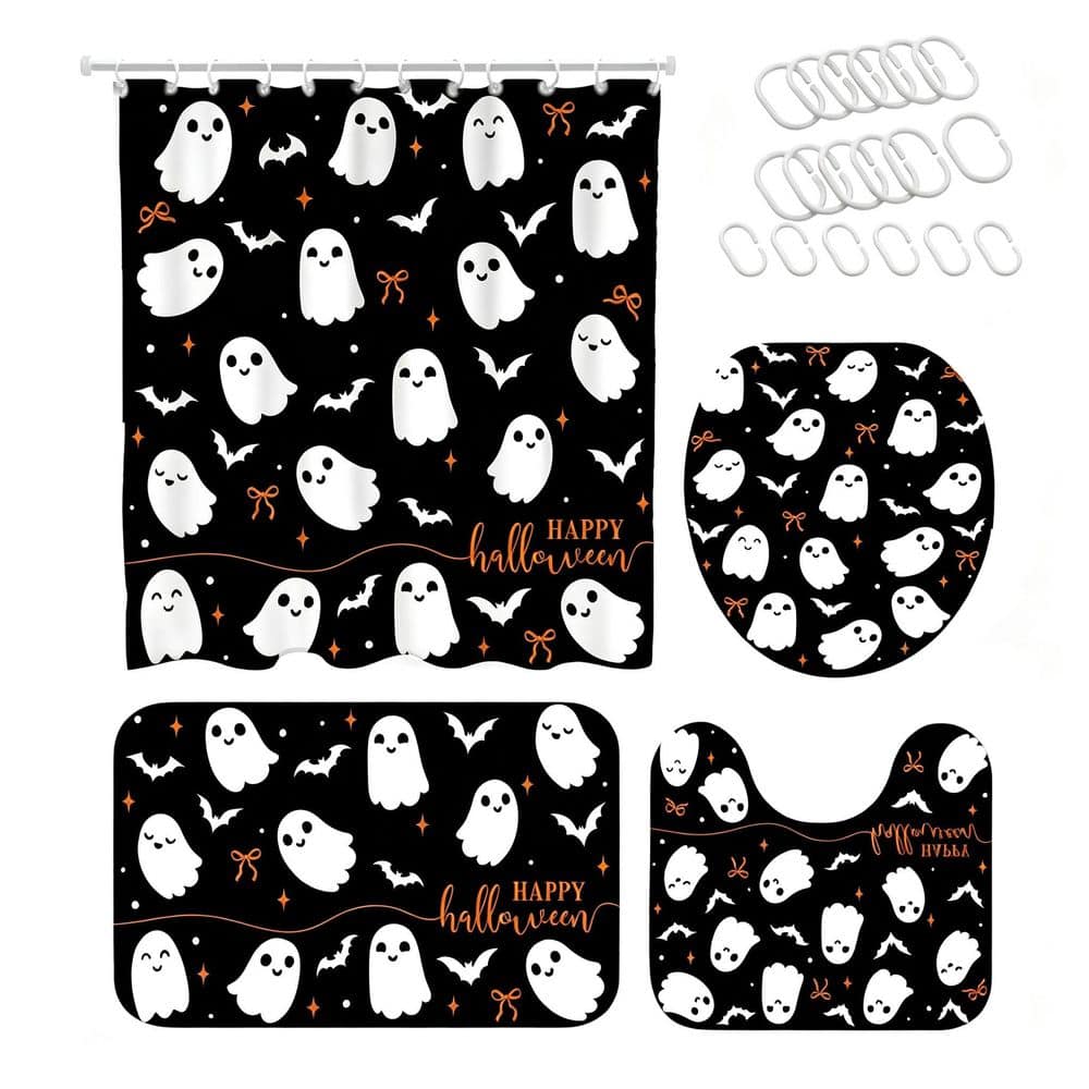 4-Piece Bath Accessory Set with Shower Curtain,Bath Rug,Toilet Lid Cover in Black for Bathroom Halloween Decoration price history on PriceWatchPro