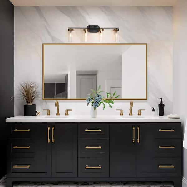 29 in. Modern 4-Light Black and Brass Gold Bathroom Vanity Light, Clear Glass Shade Bath Lighting Cylinder Wall Sconce