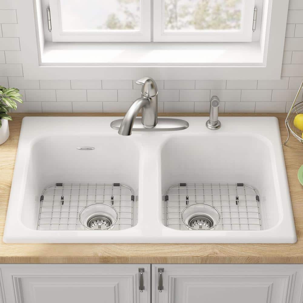 Quince 33'' White Cast Iron Double Bowl Drop-In Kitchen Sink