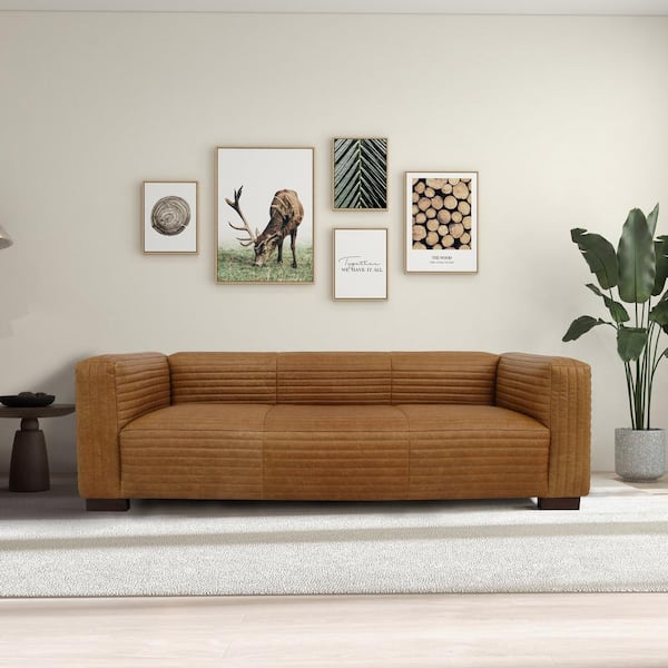 Ashcroft Furniture Co Astrid 91 in. Square Arm Genuine Leather Modern Comfy 3 Seater Sofa in Tan HMD01009001