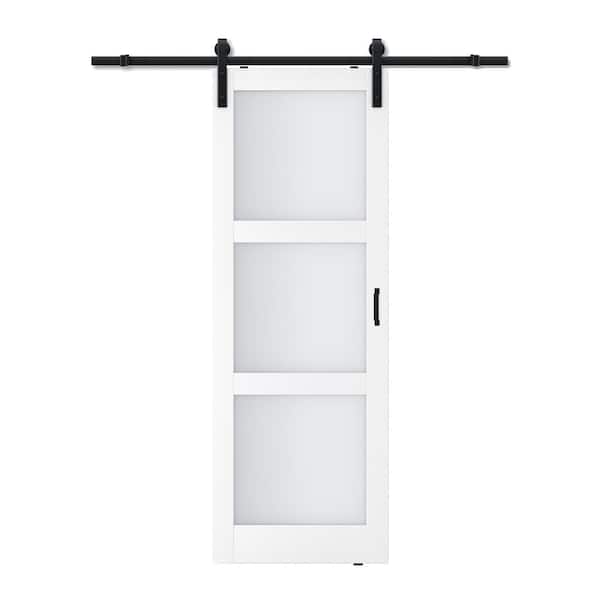 ARK DESIGN 30 in. x 84 in. White 3-Lites Tempered Frosted Glass and MDF Sliding Barn Door with Hardware Kit