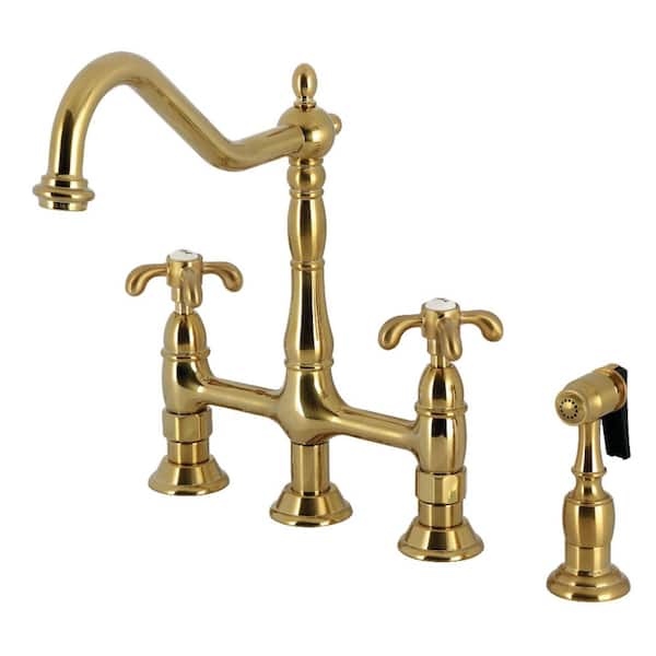 French Country 2-Handle Deck Mount Bridge Kitchen Faucet with Brass Sprayer in Brushed Brass
