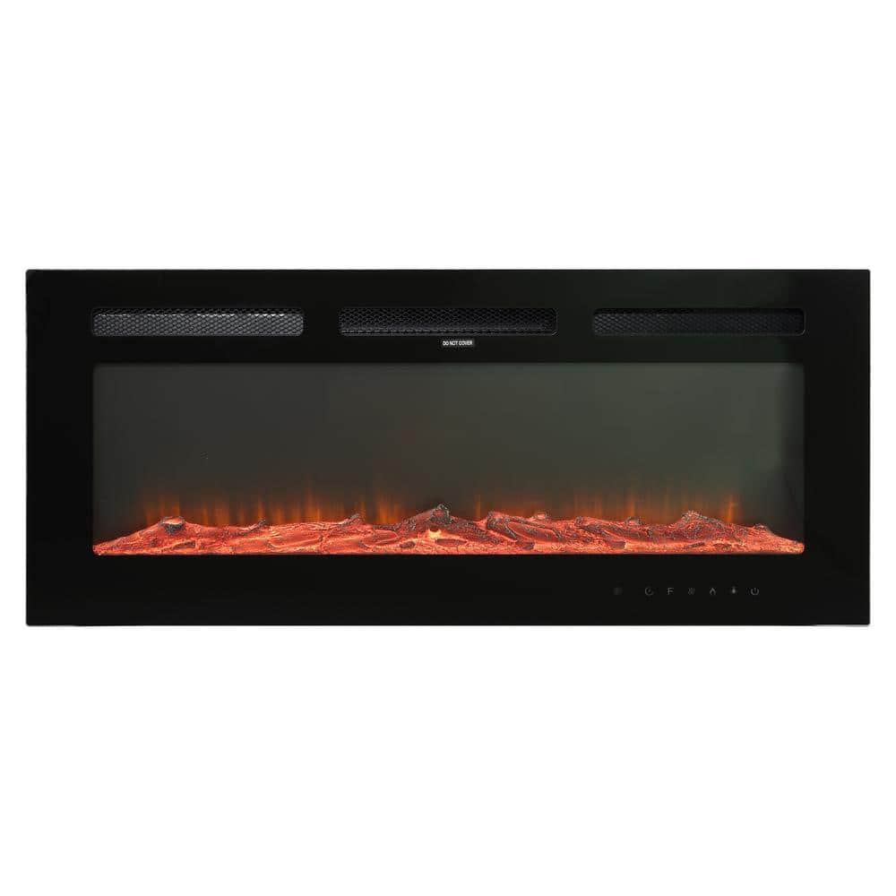 Black 36 in. Wall Mounted Recessed Electric Fireplace with Logs and Crystal