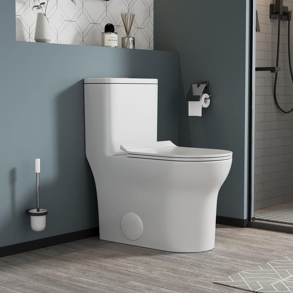 Glossy White Ceramic Elongated One-Piece Toilet with Dual Flush