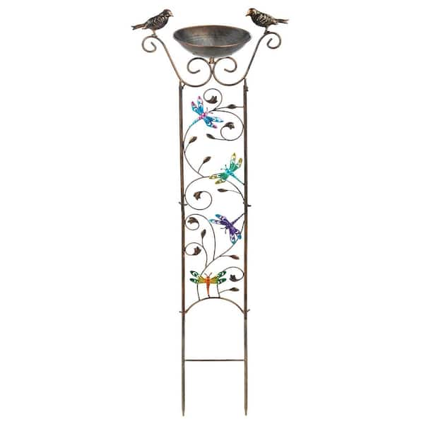 Unbranded Elegant 40 in. Metal Dragonfly Antique Garden Trellis with Detacheable Bird Bath Bowl