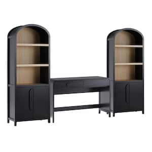 3-Piece Modern 38 in. Waterfall Black Writing Desk with Pull Drawers and 2 76 in. Cabinet Bookcases