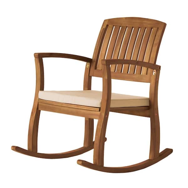 COOLSHARK Acacia Wood Outdoor Rocking Chair with Backrest Inclination, High Backrest, White Cushion, for Porch, Balcony, Deck
