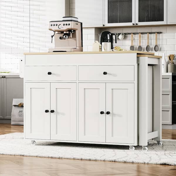 grossag White Wood 74.5 in. Large Kitchen Island (Chairs Not Included) with Spice Rack and 2 Drawers, 4 Door Cabinet