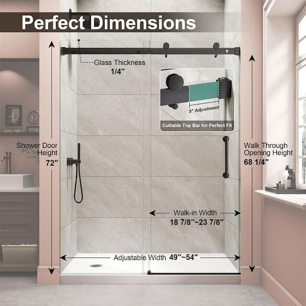 EASYWORC 49 in. -54 in. W x 72 in. H Sliding Frameless Shower Door