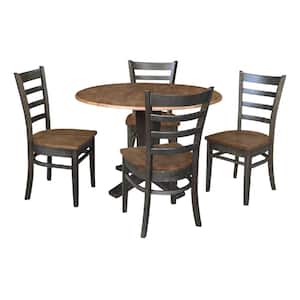 Aria Hickory/Washed Coal Solid Wood 42 in. Drop-leaf Pedestal Dining Set with 4 Emily Side Chairs Seats 4
