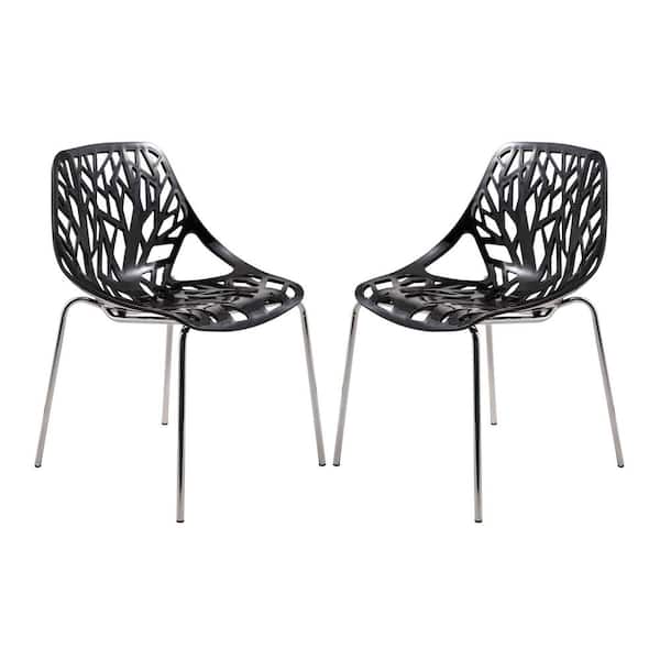 Leisuremod Asbury Modern Stackable Dining Chair With Chromed Metal Legs Set of 2 in Black