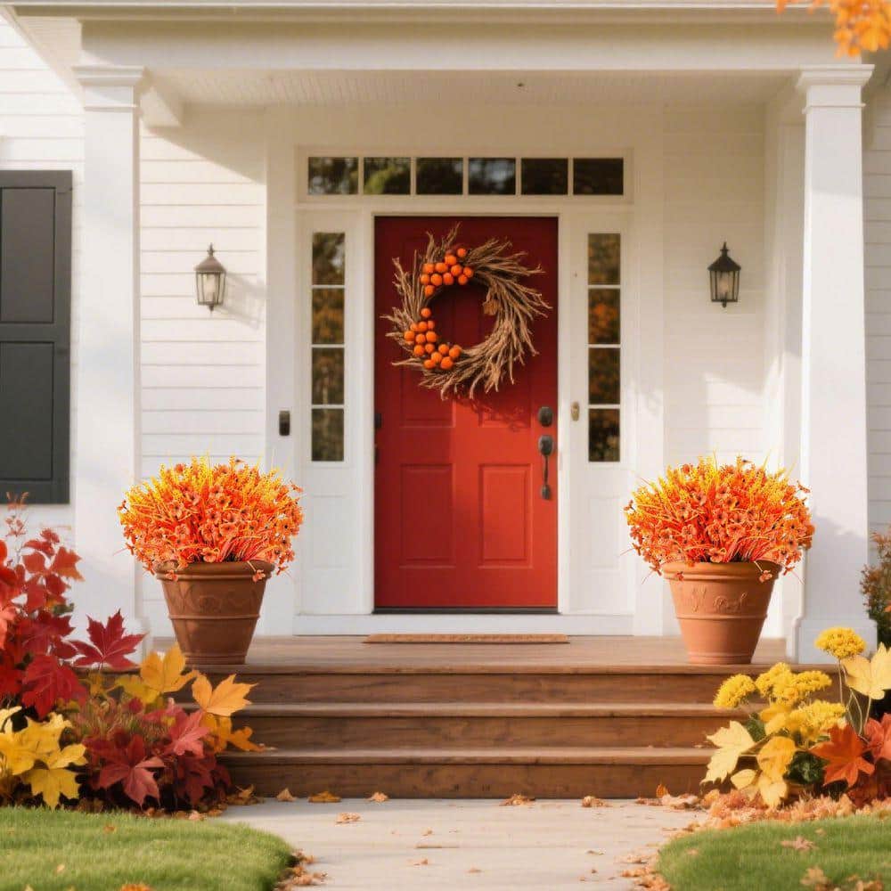 5 in. H Orange Artificial Mums Flowers for Outdoor Decor, Set of