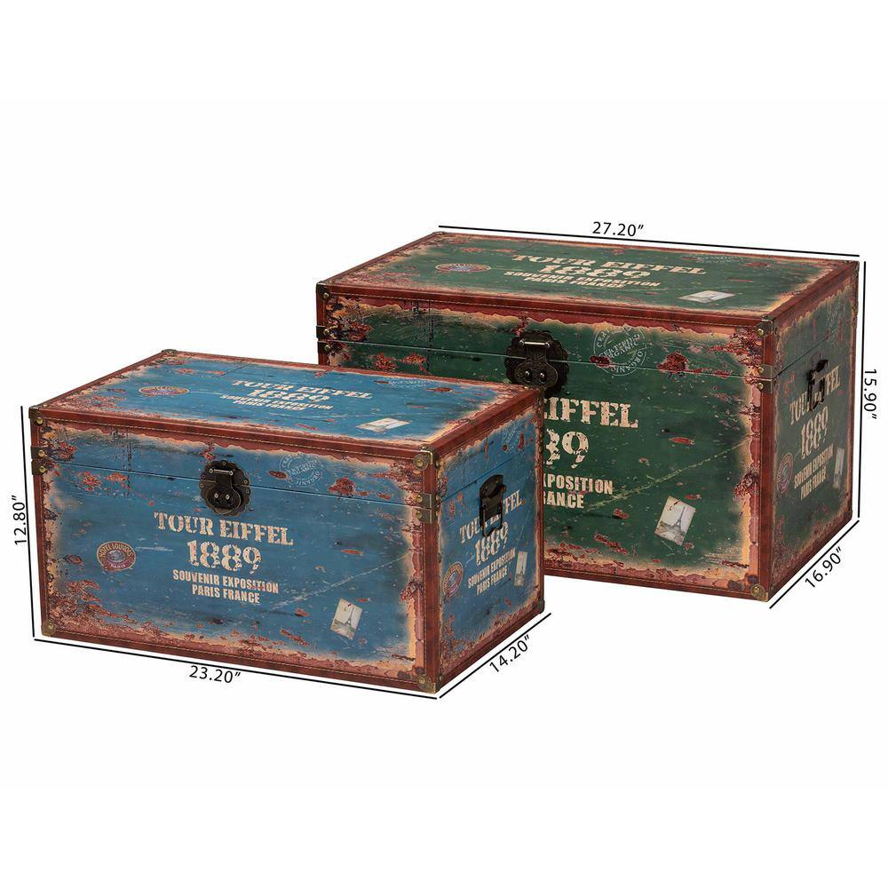 Baxton Studio 2pc Sabeen Faux Leather and Wood Storage Trunk Set Green/Blue