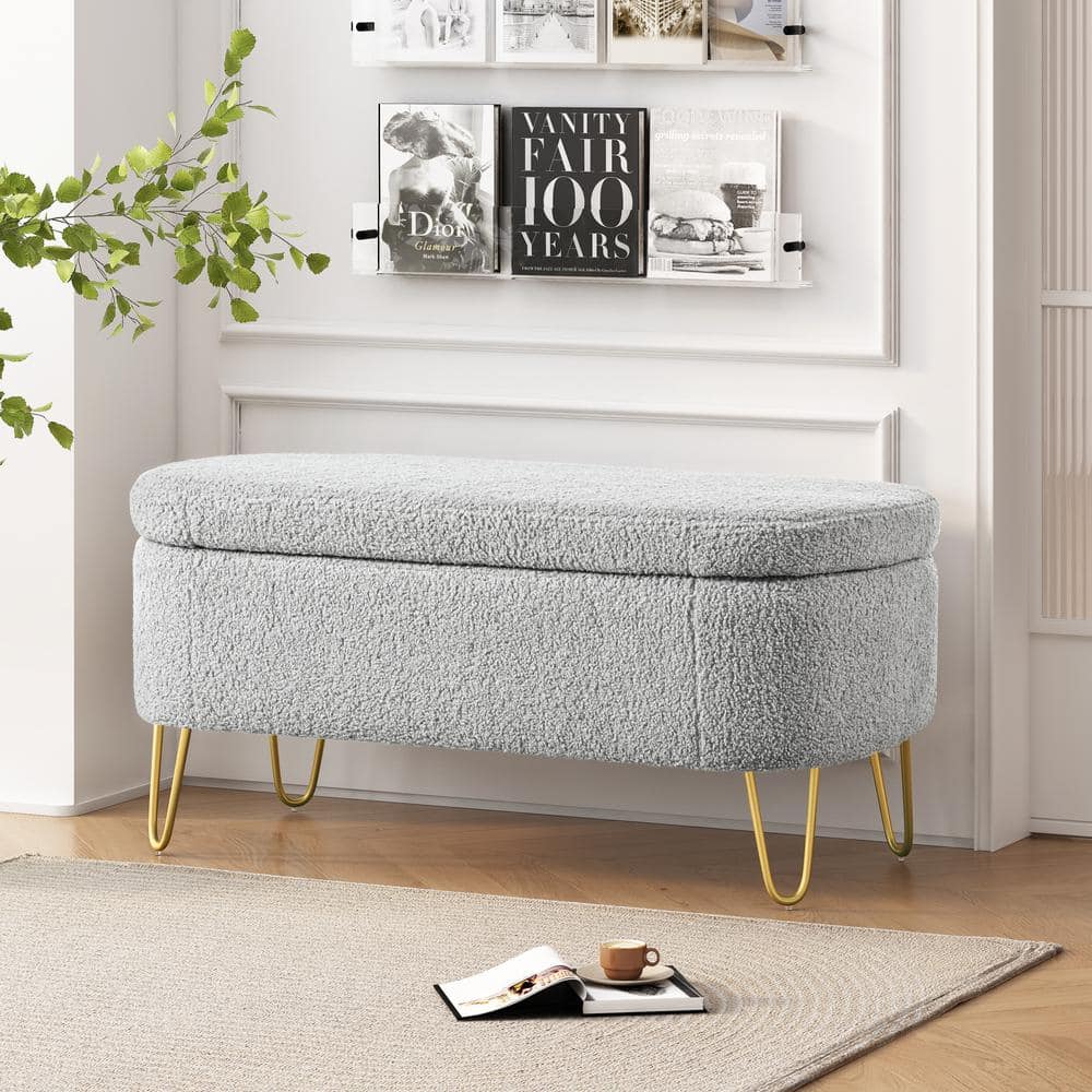 Irst Modern Upholstered Storage Ottoman, Gold Metal Legs, Grey + Gold