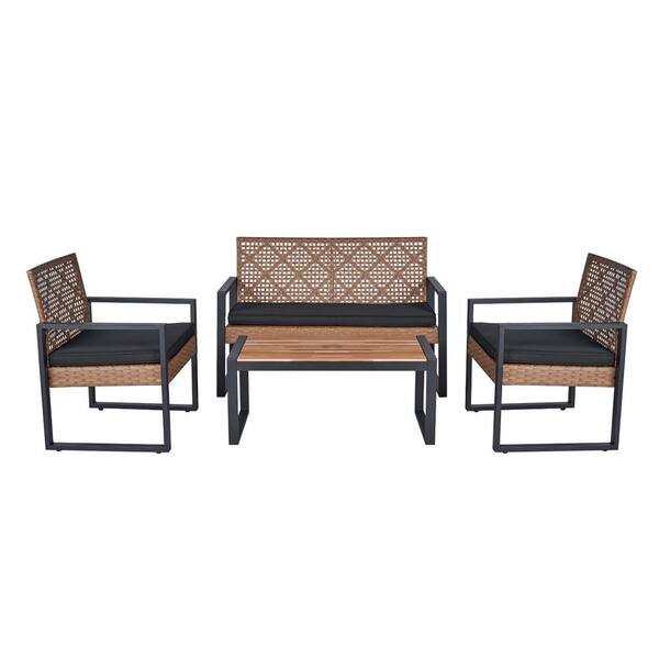 Unbranded Brown 4-Piece Wicker Outdoor Bistro Set Garden Backyard Lawn Furniture with Acacia Wood Table Top and Beige Cushions