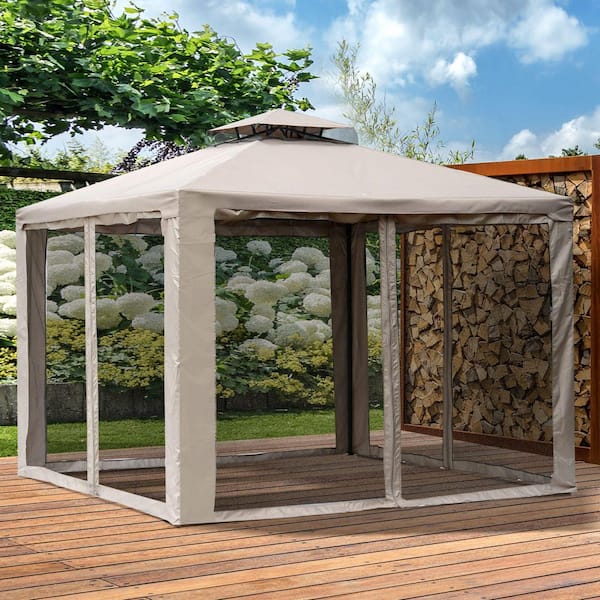 9.6 ft. x 9.6 ft. Brown Steel Outdoor Gazebo with 2-Tier Roof and Netting, Patio Canopy Shelter with Zippered Doors