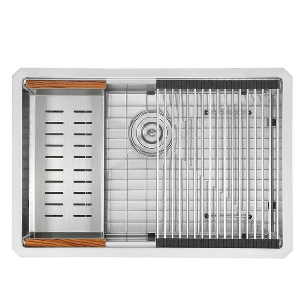 Ancona Satin Stainless Steel 28 in. Handmade Single Bowl Undermount Workstation Kitchen Sink with Accessories