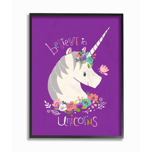 Stupell Industries 16 in. x 20 in. "Purple Floral Believe In Unicorns" by Heather Rosas Printed Framed Wall Art