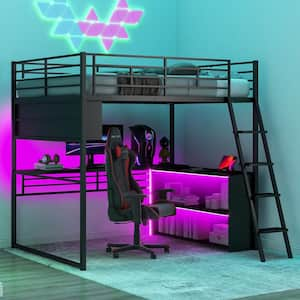 E-Sports Style Black Metal Frame Twin Size Loft Bed with LED Light, Built-in Desk, Shelves