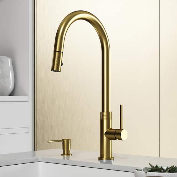 VIGO Bristol Single Handle Pull-Down Sprayer Kitchen Faucet Set with Soap Dispenser in Matte Brushed Gold
