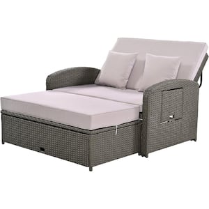PE Wicker Rattan Outdoor Double Chaise Lounge Reclining Sunbed with 3-Height Adjustable Back and Gray Cushions