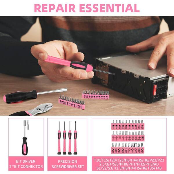Laybus 144-Piece Pink Tool Kit, Basic Home Repair Tool Set