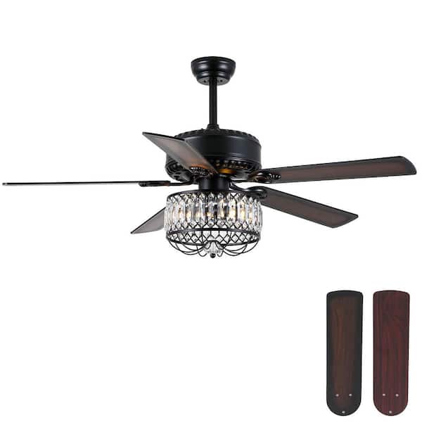 Kviflon 52 in. Indoor Farmhouse Crystal Fandelier Black Ceiling Fans with Lights and Remote