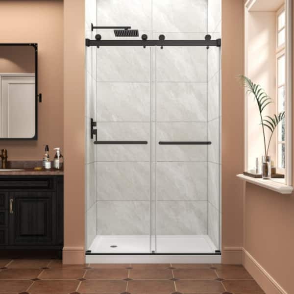 43-48 in. W x 76 in. H Frameless Double Bypass Sliding Shower Door in Matte Black with 5/16 in. Tempered Glass