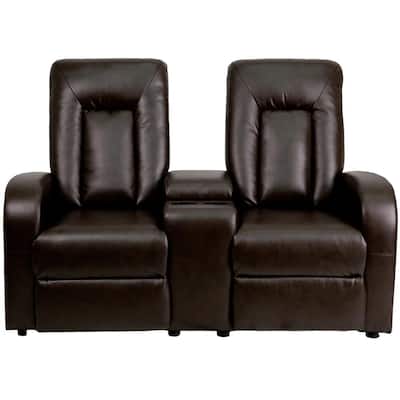 Eclipse Series 2-Seat Motorized, Push Button and Automated Reclining Brown Leather Theater Seating Unit with Cup Holders