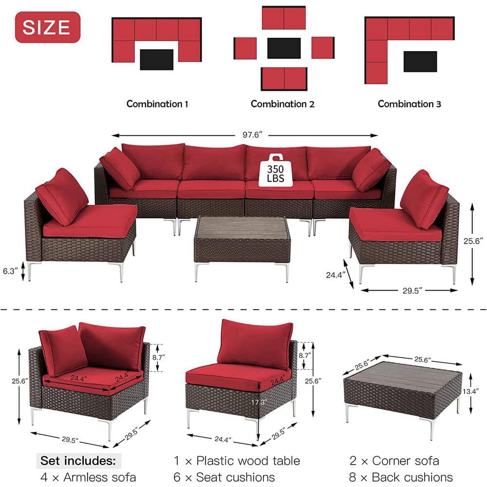 Zeus & Ruta 7Piece Wicker Outdoor Sectional Set with Red Cushions wq