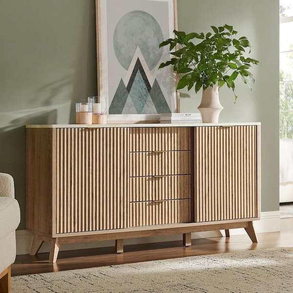 Natural Oak 32 in. Fluted Accent Storage Cabinet with Sliding Doors and 4-Drawers