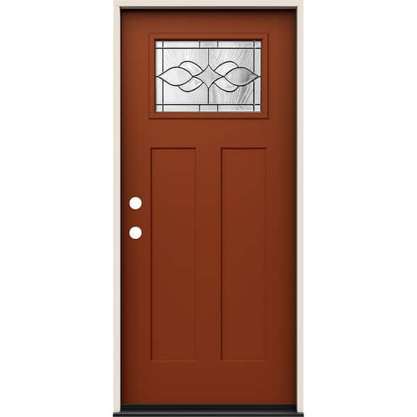 JELD-WEN 36 in. x 80 in. Right-Hand 1/4 Lite Craftsman Carillon Decorative Glass Mesa Red Fiberglass Prehung Front Door