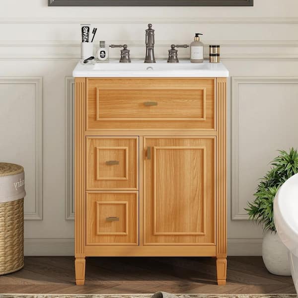 24 in. Freestanding Brown Bath Vanity with White Ceramic Top One Flip Drawer and Two Drawers