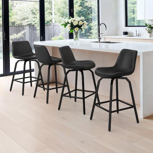LUE BONA Dennis 37 in. Faux Leather Bar Stools Metal Frame With Upholstered Swivel Counter Height Bar Stools in Black (Set of 4)
