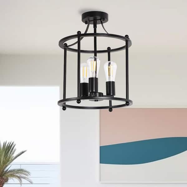 Briignite 13 in. 3-Light Black Vintage Drum Farmhouse Semi-Flush Mount Ceiling Fixture with No Glass Shade for Entryway 1-pack