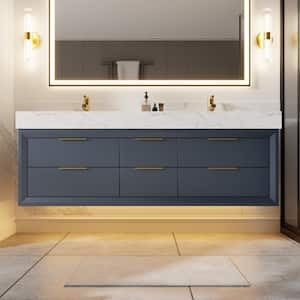 60 in. W x 20.9 in. D x 21.3 in. H Wall Mount Solid Wood Bath Vanity in Blue with White Cultured Marble Top, LED Light