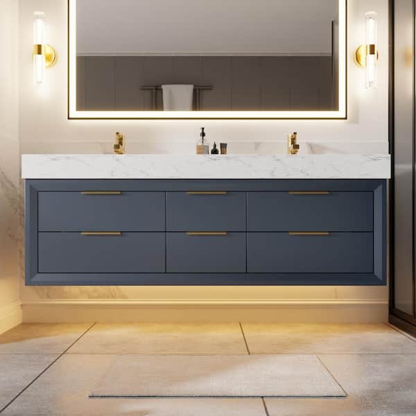 ANGELES HOME 60 in. W x 20.9 in. D x 21.3 in. H Wall Mount Solid Wood Bath Vanity in Blue with White Cultured Marble Top, LED Light