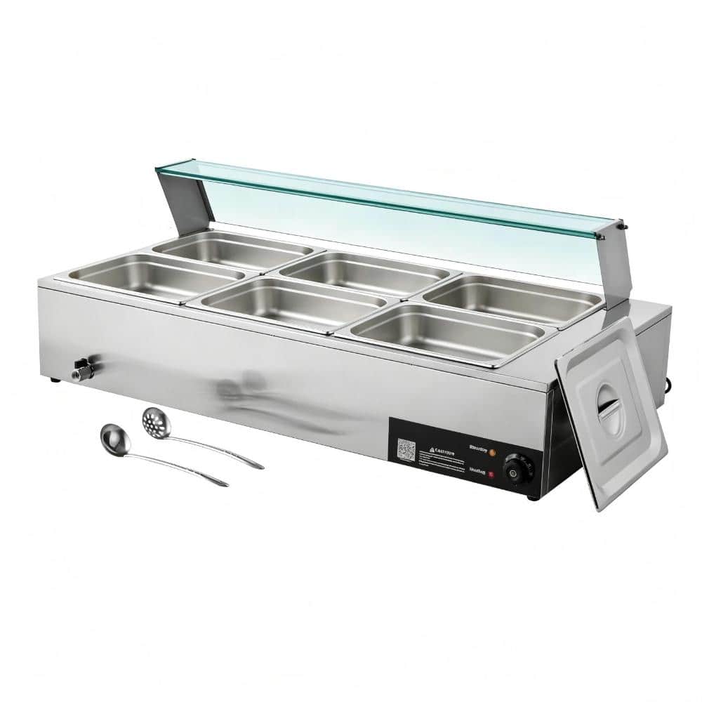 6-Pan Commercial Food Warmer 1500W Electric Steam Table 6x1/2 Pan Bain Marie Countertop w/Glass Cover Buffet