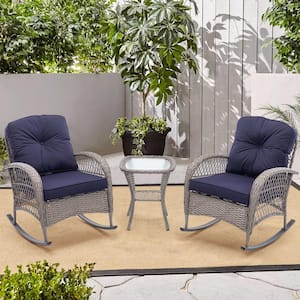 Gray 3-Piece Wicker Outdoor Rocking Chair Set with Navy Blue Cushions and End Table
