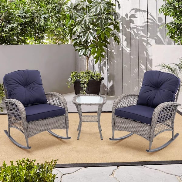 Harper & Bright Designs Gray 3-Piece Wicker Outdoor Rocking Chair Set with Navy Blue Cushions and End Table